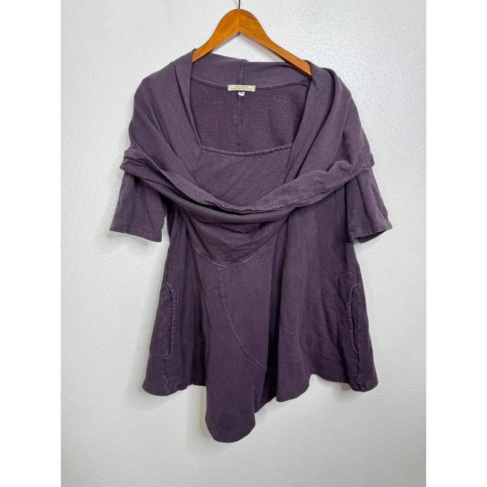 Prairie Underground Hemp Cotton Draped Cowl Neck Tunic Sweatshirt Purple XS